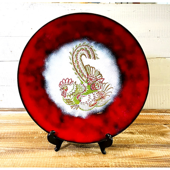 Vintage MCM 1960s Hand Painted Chicken Enameled Copper Decor Plate 11.625" - Picture 1 of 8